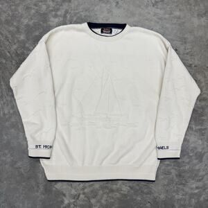 Vtg Brimwick Sweater Mens L Cream Sailboat Knit Cotton Ocean Vacation Coastal